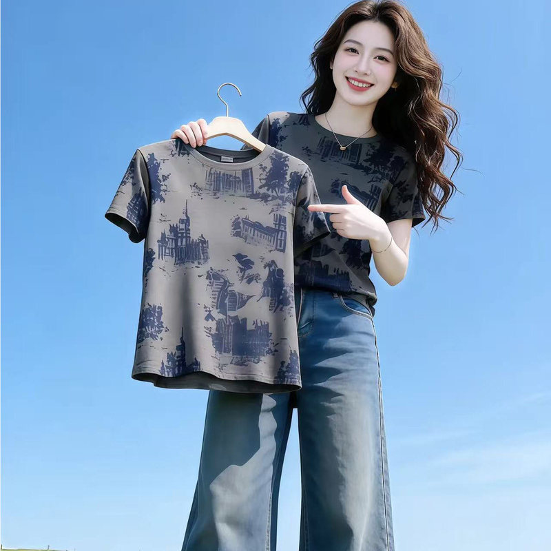 High-End Pure Cotton Gray Round-Neck Short-Sleeve Regular Shoulder Top for Women, Retro Print, Fashionable Versatile Design, New Style T-Shirt High-End Pure Cotton Gray Round-Neck Short-Sleeve Regular Shoulder Top for Women, Retro Print, Fashionable Versatile Design, New Style T-Shirt