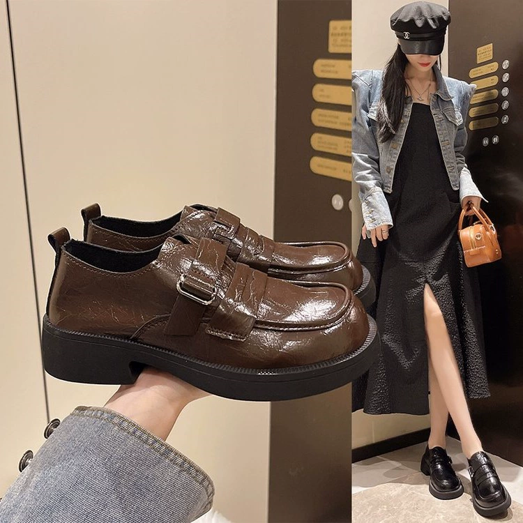 Академические туфли на толстом каблуке Lefu Женская весна и осень 2025 новая байки маленькие кожаные туфли с толстой подошвкой с пряжкой ремня