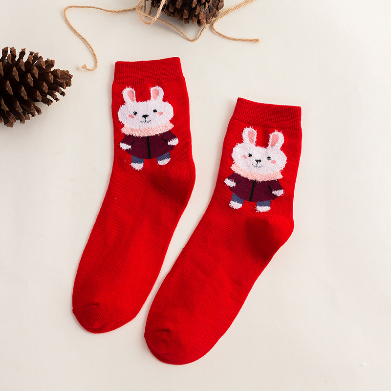 Calcetines de algodón de color puro calcetines de moda de dibujos animados a rayas de oso de media pantorrilla de mujer Festival de Primavera Año Nuevo rojo cumpleaños año festivo Calcetines