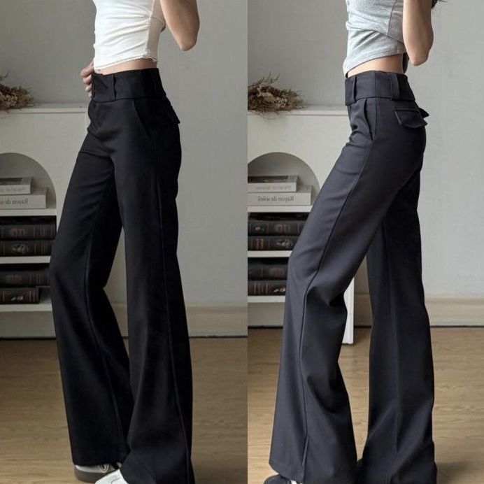 Petite Women's Stylish Buttoned Flared Suit Pants, High-Waisted Trendy Floor-Length Casual Pants, Wholesale Fashion