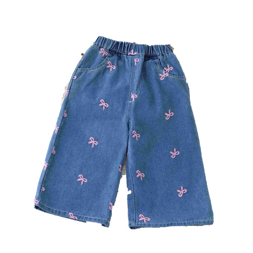 Spring and Autumn Women's Children's Blue Fashion Casual Korean Style Wide Leg Embroidered Pink Butterfly Denim Jeans