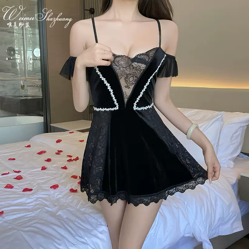 唯美纱新款性感拼接蕾丝高级丝绒睡裙妩媚纯欲透视漏背吊带裙套装