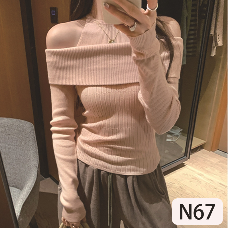 Pure Desire Design Fake Two-Piece Off-Shoulder Long-Sleeved Women's Autum Niche Age-Reducing Chic Slimming Look Knitted Knitwear Top