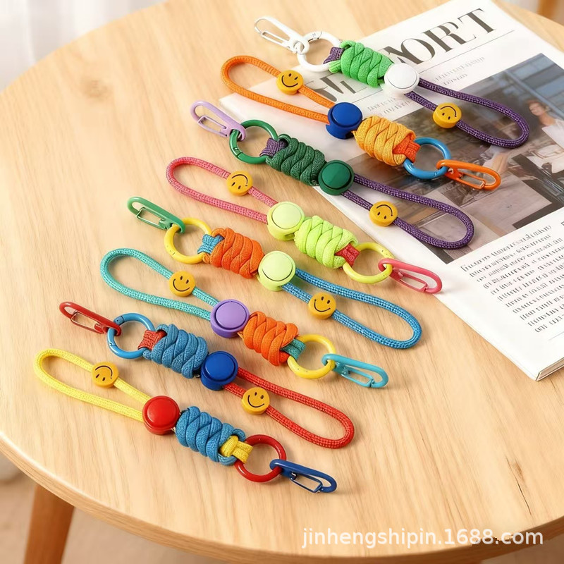 Dopamine Short Smiley Face Phone Lanyard Key Backpack Pendant Water Bottle Bag Woven Lanyard Anti-Loss Strap