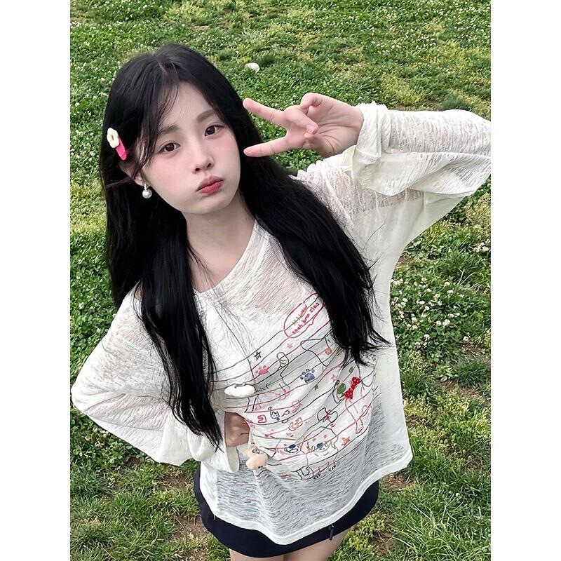 Original Fabric Cat and Dog Print Long-Sleeved T-Shirt for Women in Summer, Sweet and Spicy, Loose, Light and Slightly See-Through Summer Casual Cover-Up Original Fabric Cat and Dog Print Long-Sleeved T-Shirt for Women in Summer, Sweet and Spicy, Loose, Light and Slightly See-Through Summer Casual Cover-Up