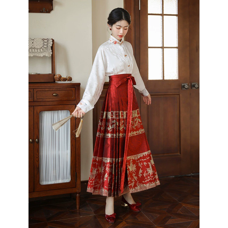 Настоящий выстрел 2023 Новый китайский стиль Daily Hanfu Женская тканая Золотая атласная Жаккардовая юбка Phoenix Dance девять дней красная жилетка