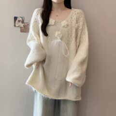 立体花朵亮片V领针织衫毛衣女款春秋2025大码胖mm法式蝴蝶结上衣