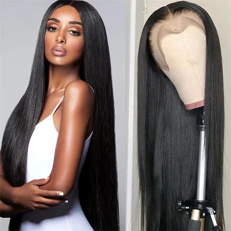 Lange, glatte Damenperücke aus Kunstfasern, Kopfbedeckung, schwarze synthetische Haarverlängerung_voghion.com