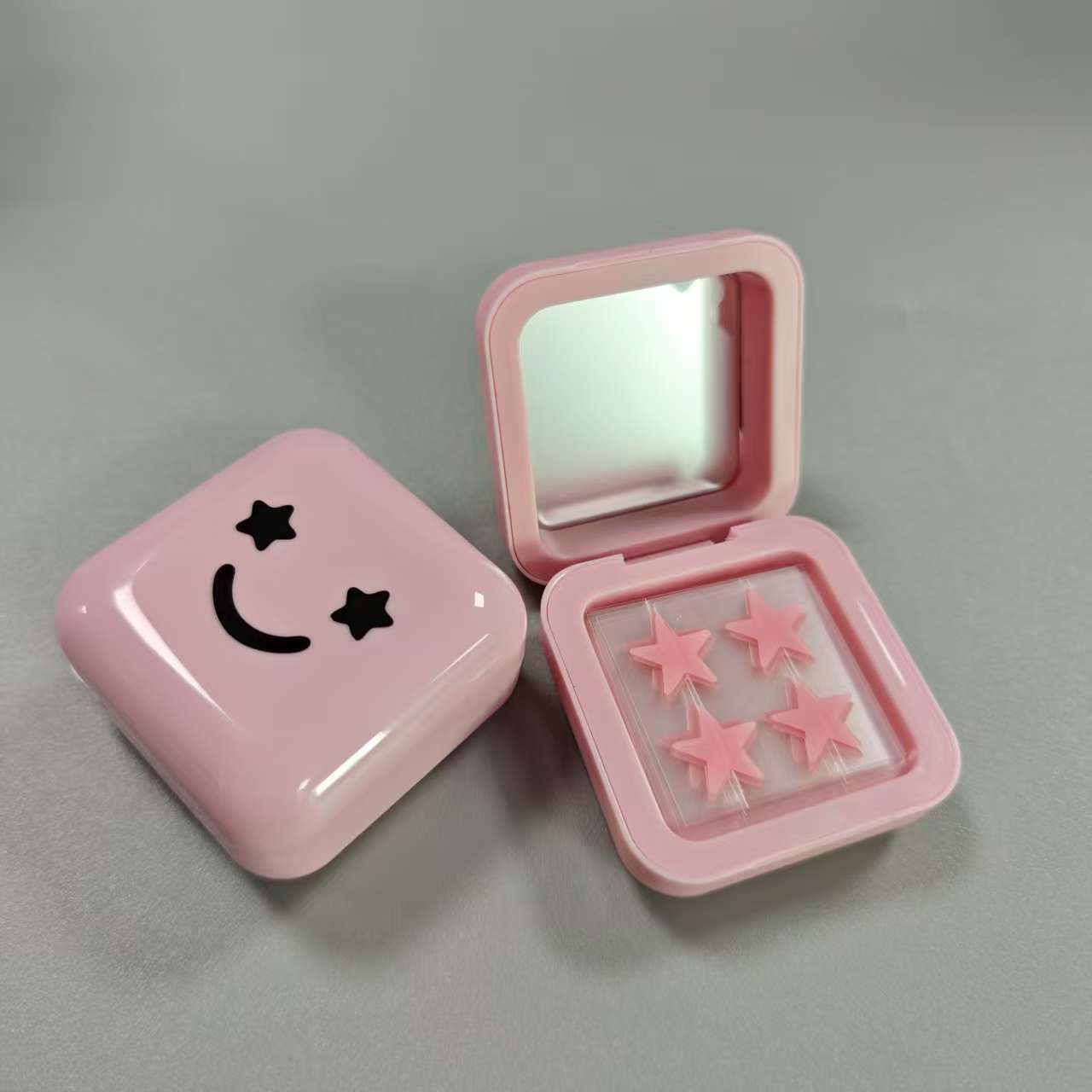핑크 스마일 거울 케이스 + 별 모양 여드름 패치 32개입