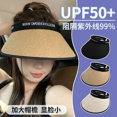 女性用の新しい夏の日焼け止め帽子、顔を覆う大きなつば、小さなわら編みビーチビニール中空トップサンハット