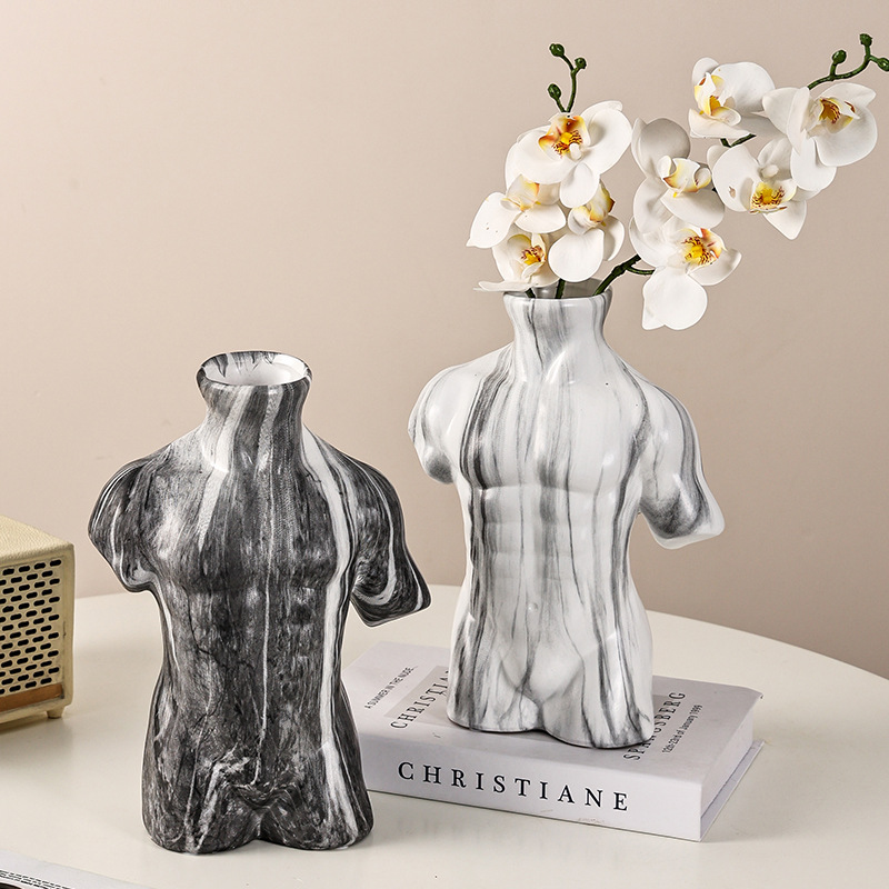 Scandinavian Style Small Flower Pot Marble Pattern Flower Pot Muscular Man Vase Makeup Brush Storage Soft Decoration Art Vase Ornaments
