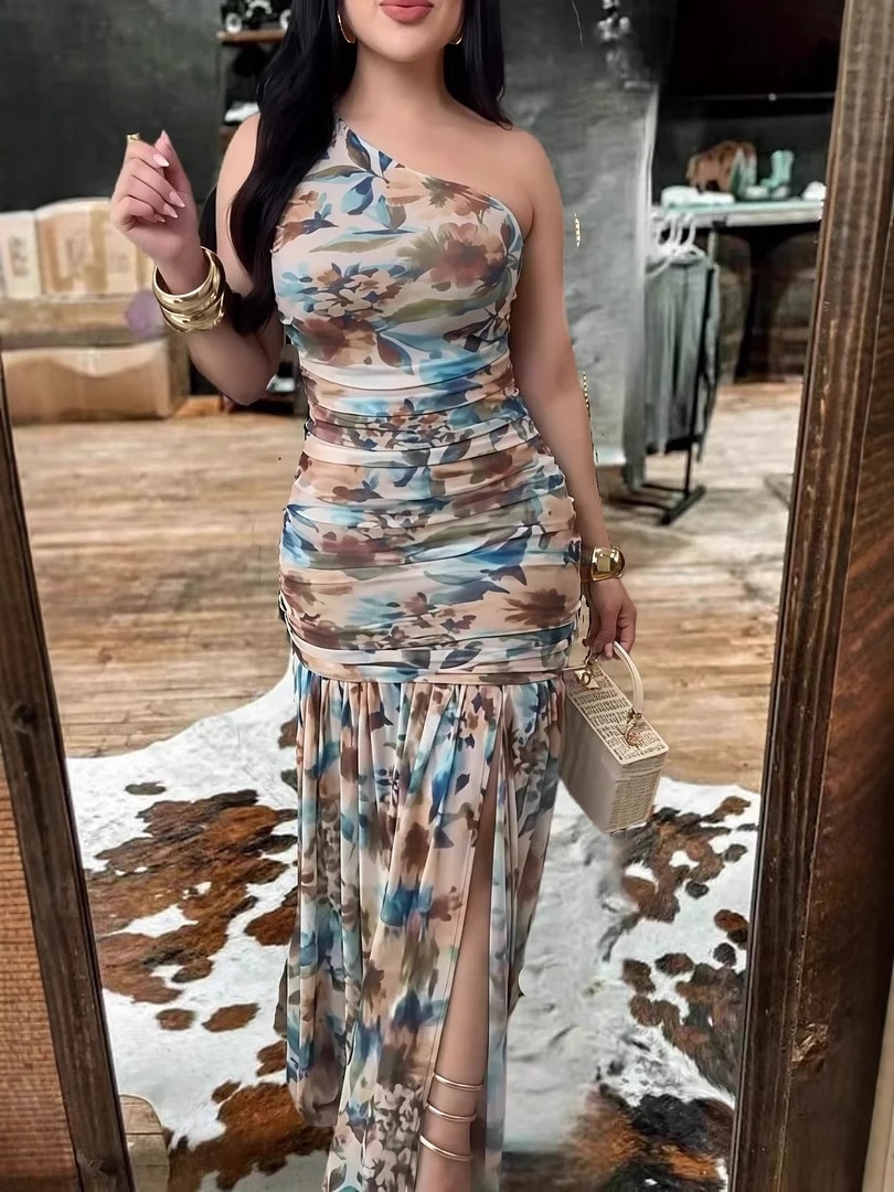 2026 European and American Women's Fashion Amazon Independent Site Digital Print One-Shoulder Sleeveless Dress with Slit