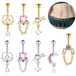 Cross-Border New navel buckle heart-shaped navel nail navel decoration AB magic chain pendant navel ring human body puncture wholesale