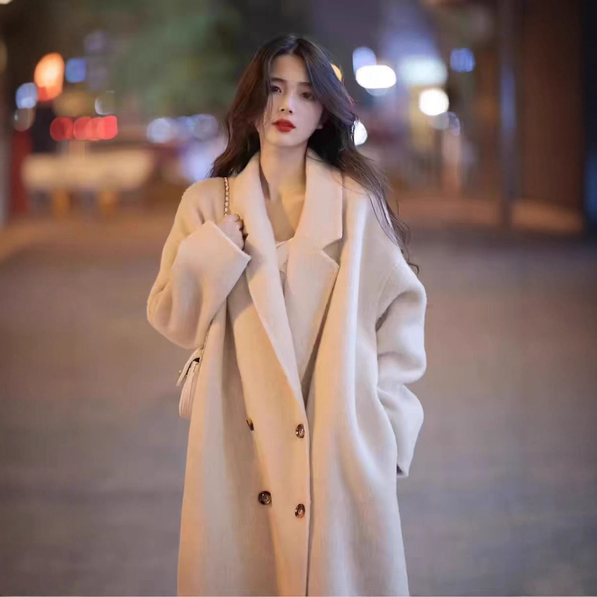 2025 Autumn and Winter High-End Double-Sided Cashmere Wool Coat Women's Mid-Length Loose Korean Style Cocoon-Shaped Woolen Coat