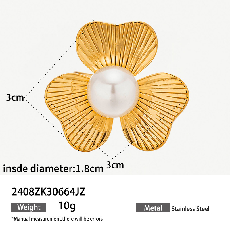 Tina transfronteriza anillo de viento de flores de perlas de acero inoxidable chapado en oro 18k joyas de acero de titanio al por mayor
