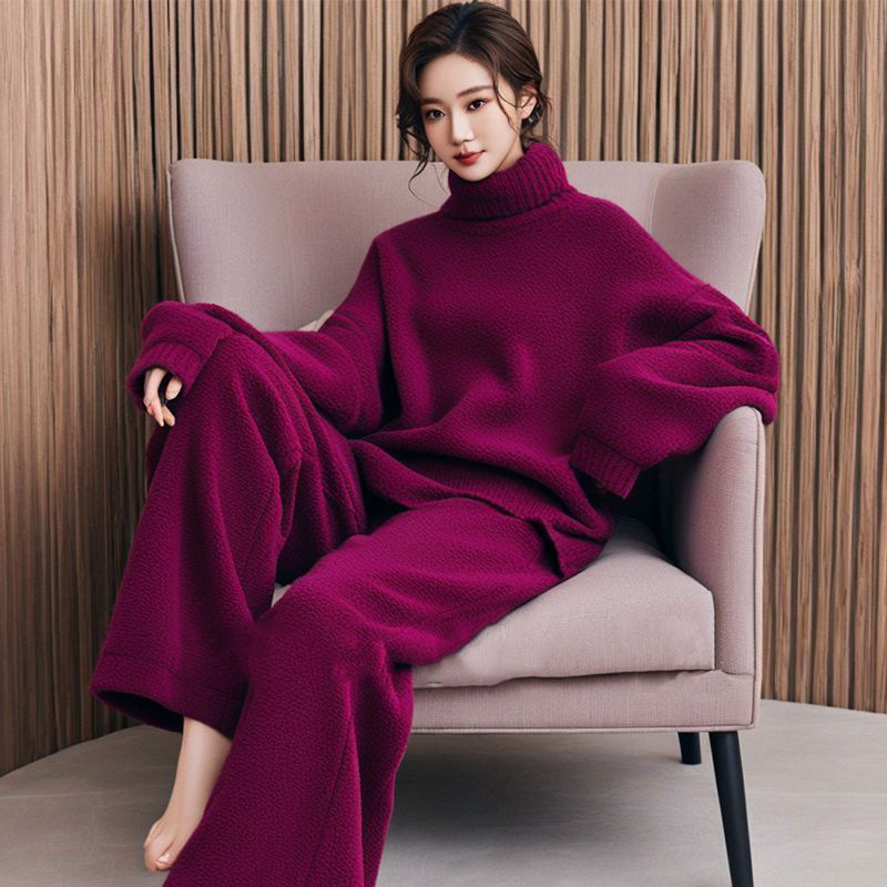 Dogsome atmosphere purple turtleneck sweater casual pants two-piece women's winter 2024 wear a full suit