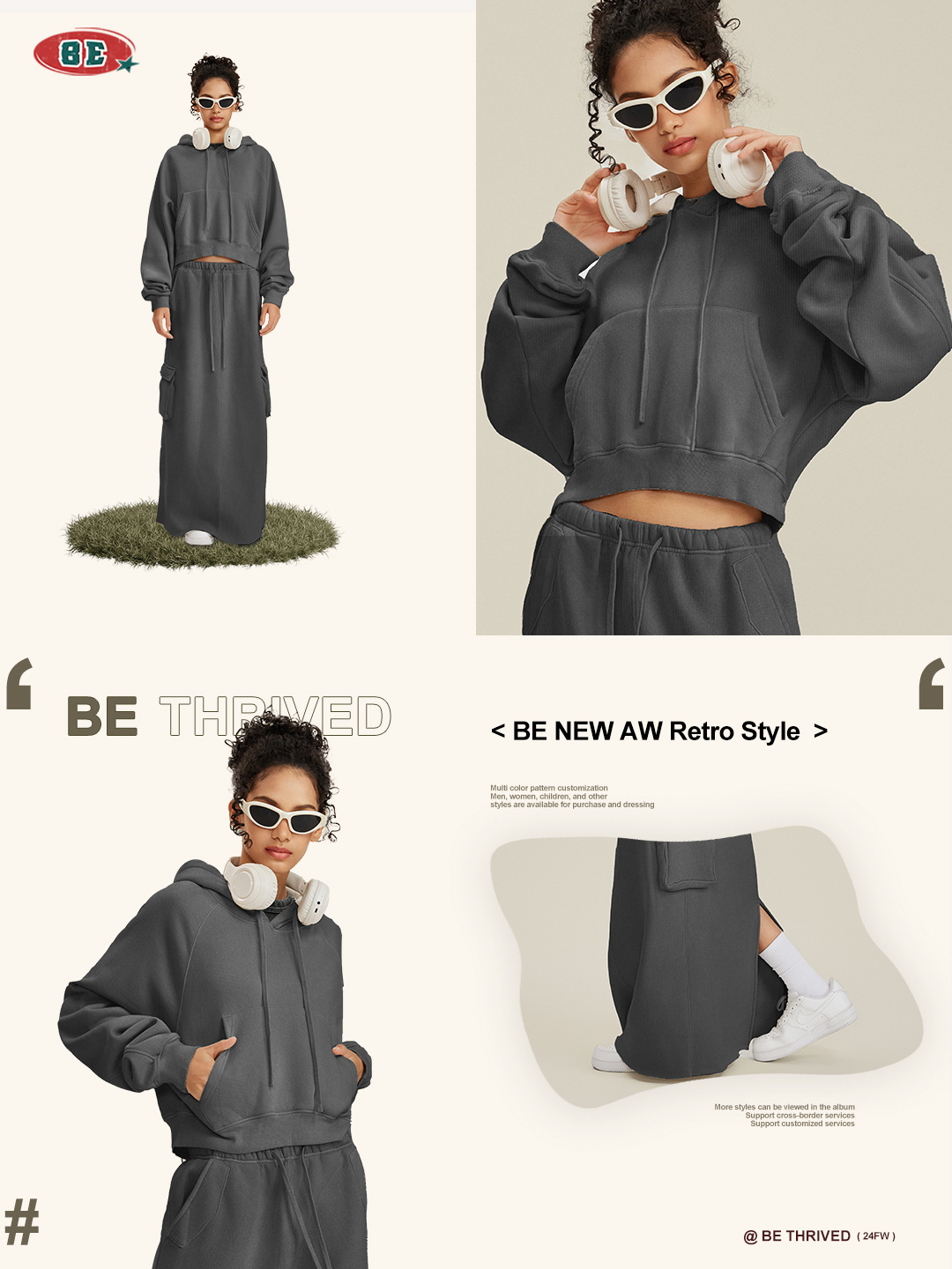BE ropa de mujer 2025 otoño e invierno retro chica caliente lavado más terciopelo con capucha suéter corto falda larga BM traje de chica caliente mujer image 2