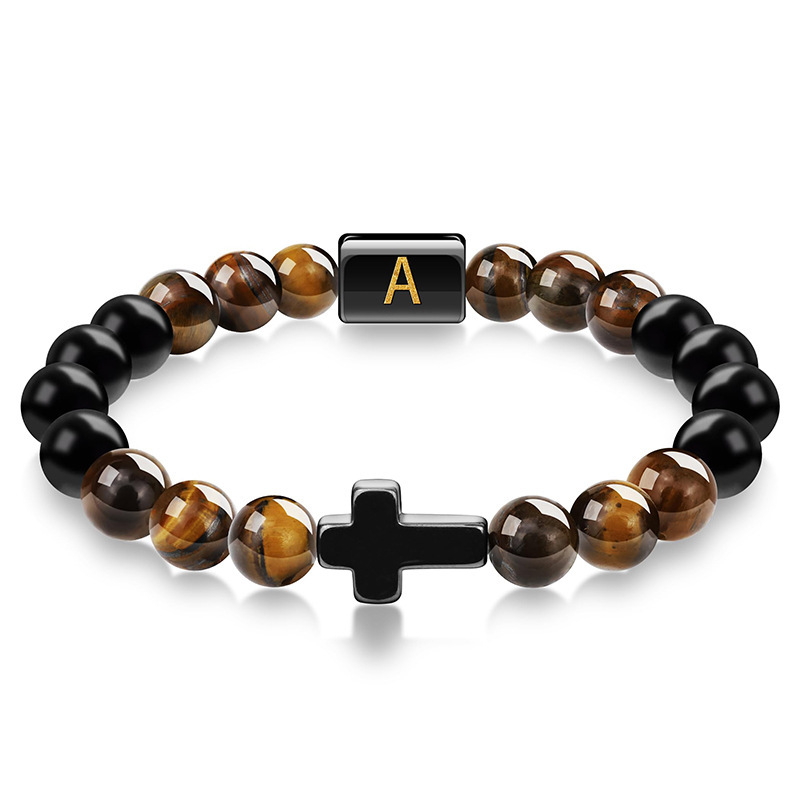 Amazon Cross Border 26 English Letter Bracelet Cross Tiger Eye Beaded Bracelet Letter Name Bracelet