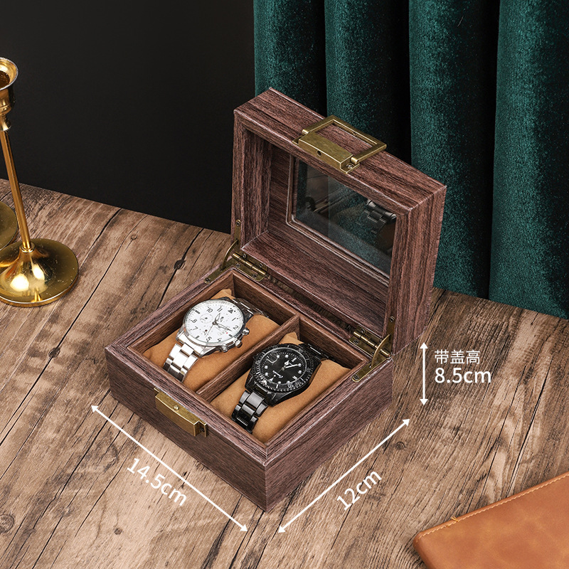 나뭇결 가죽 2위치 시계 상자(내부에 부드러운 베개 포함)