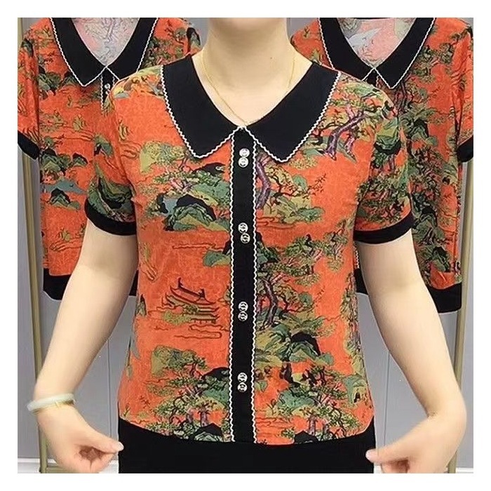 New summer stylish Peter Pan collar retro short-sleeved T-shirt for middle-aged mothers, Korean style, loose fit, slimming and tummy-concealing top.