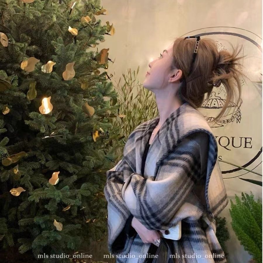 海军领羊毛大衣女秋冬双面羊绒格子大衣格纹翻领短款双面呢外套潮