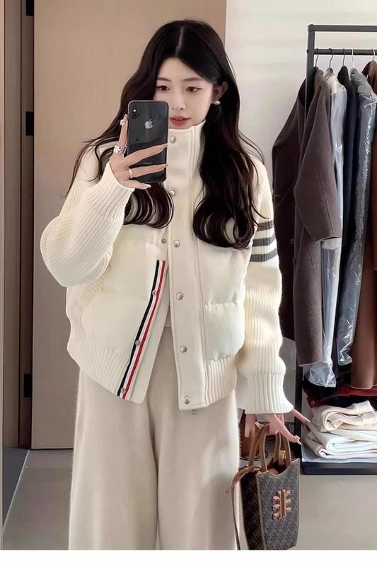 拼接羽绒棉服女小个子穿搭针织短款TB冬季休闲外套女立领棉衣加厚|undefined