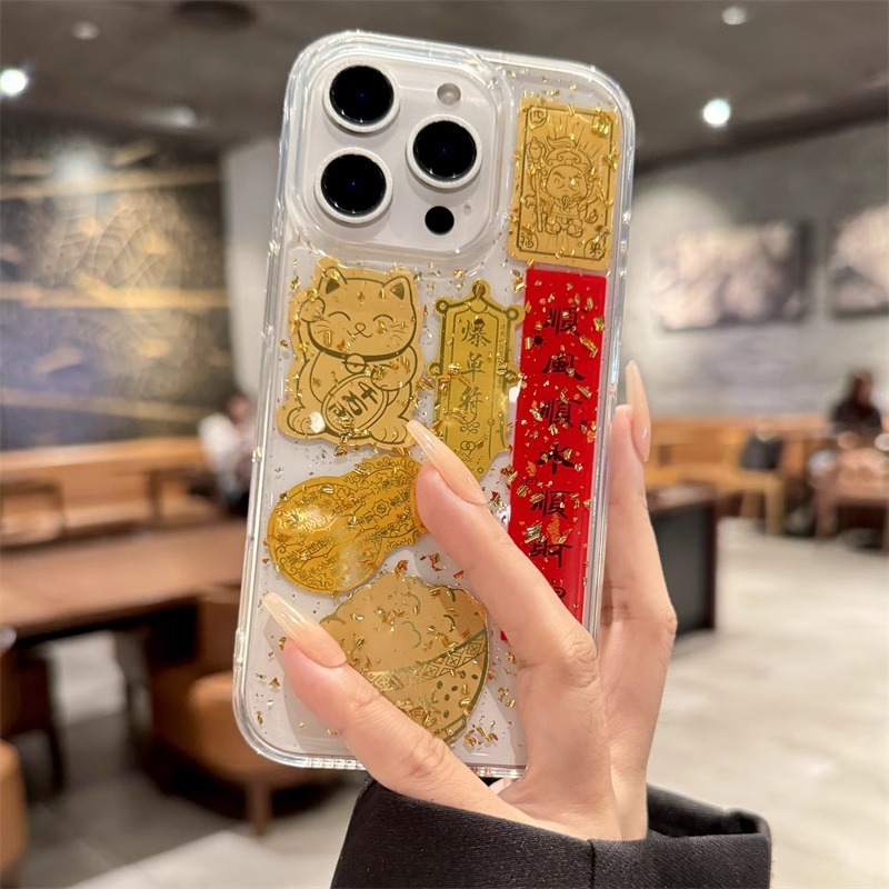 El epoxi transparente estilo ins Lucky Jinbao es adecuado para Apple 16proma festivo iPhone14/15 funda para teléfono móvil 13p