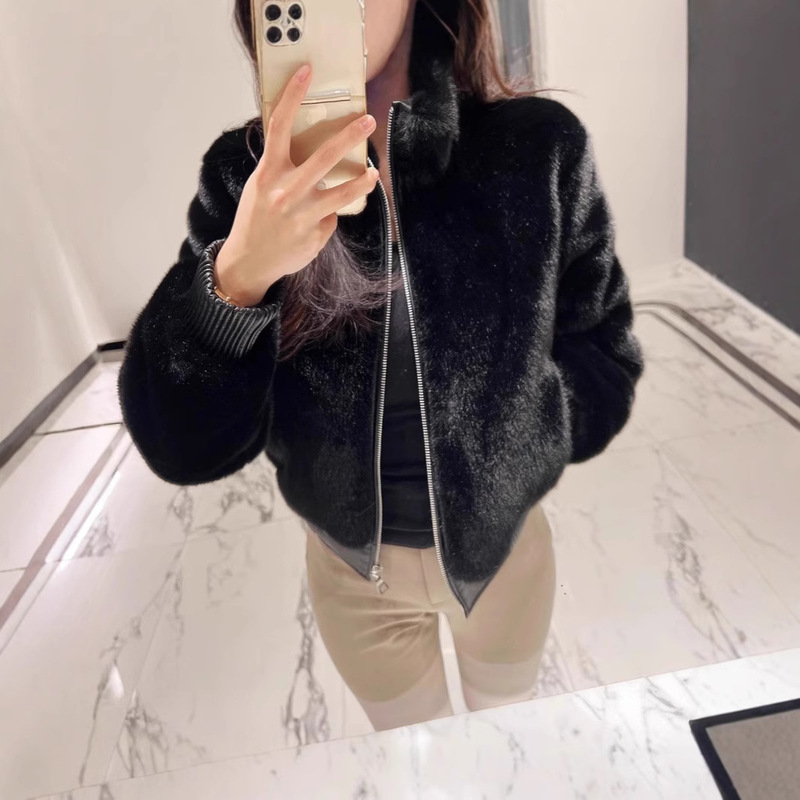 South Korea Fur Black Jacket Coat Women's Vertical Collar Zipper Short Gentle Eco-Friendly Fur Fur Imitation Mink South Korea Fur Black Jacket Coat Women's Vertical Collar Zipper Short Gentle Eco-Friendly Fur Fur Imitation Mink