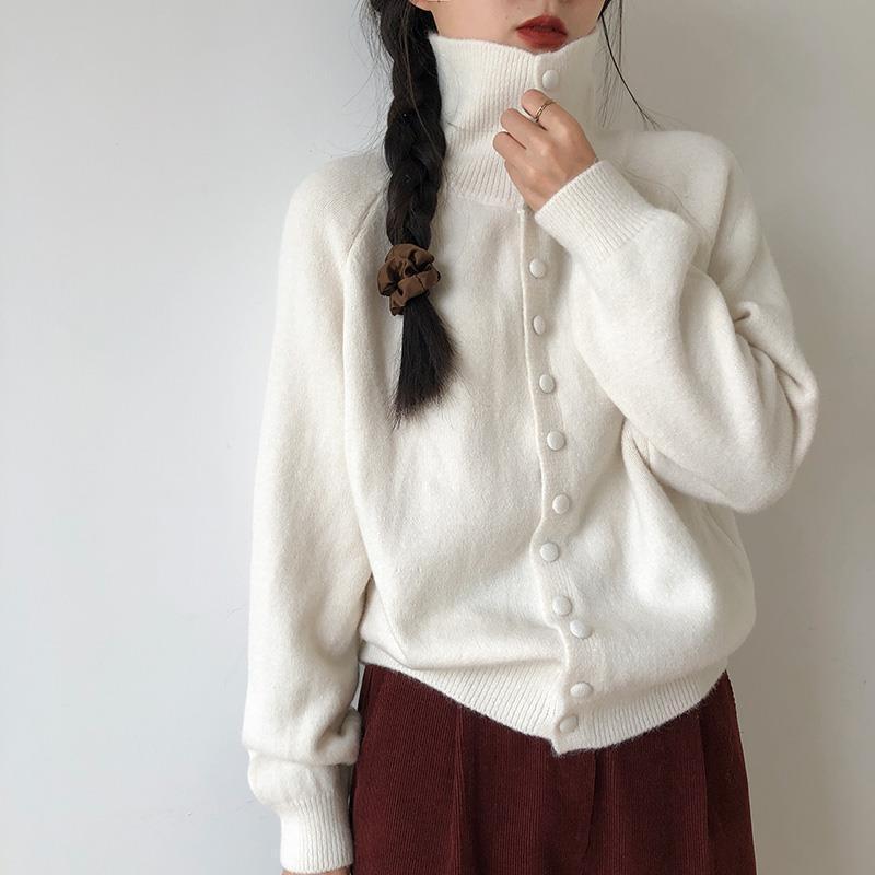 Yifantai 秋と冬の新しいタートルネックニットカーディガン女性のレトロ韓国スタイル怠惰なスタイルのハイエンドルーズセータージャケット|undefined