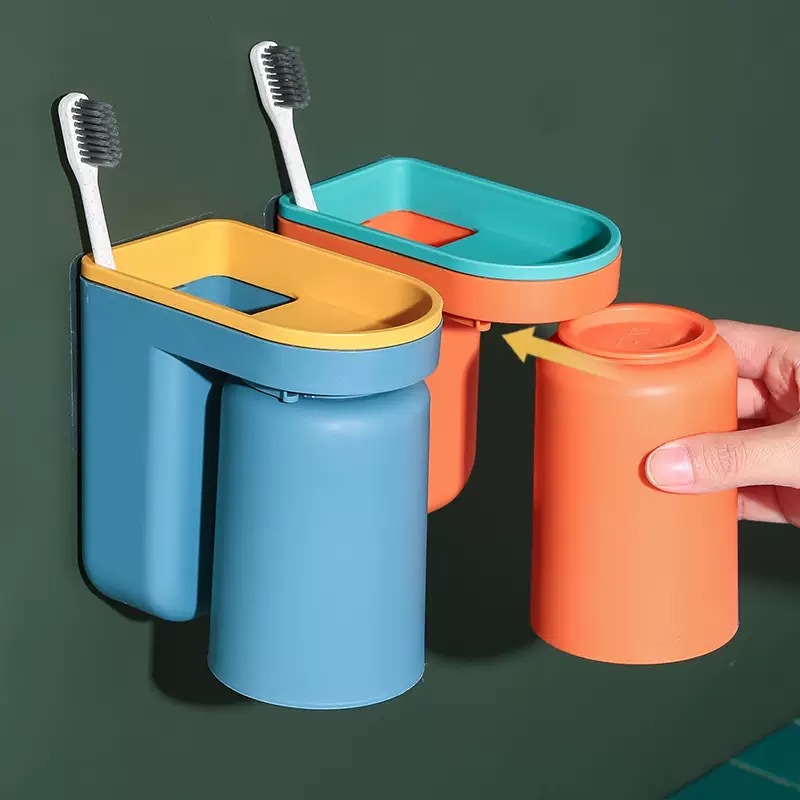 Supporto per collutorio senza foratura, dispenser di dentifricio per bagno, spazzolino da denti e set di bicchieri_voghion.com
