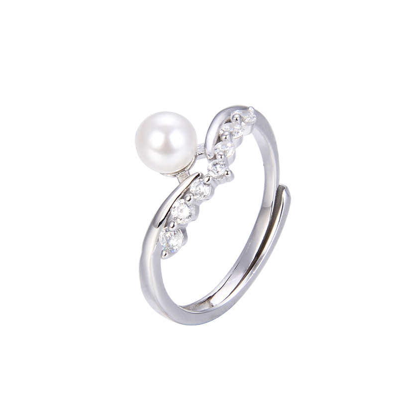 Estilo japonés y coreano Cruz-dulce elegante incrustaciones anillo de perlas hembra S925 plata esterlina de una sola fila diamante perla anillo abierto pulsera