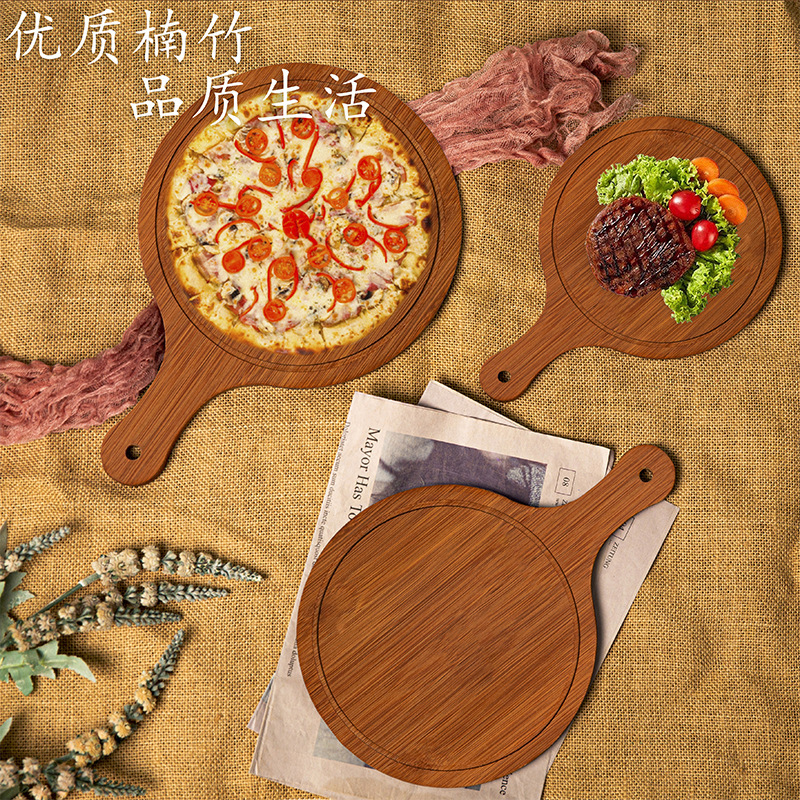 Cross-Border Pizza Japanese-Style Bamboo Wooden Wooden Tray Household Western Food Bread Baking Steak Sushi Tray Round