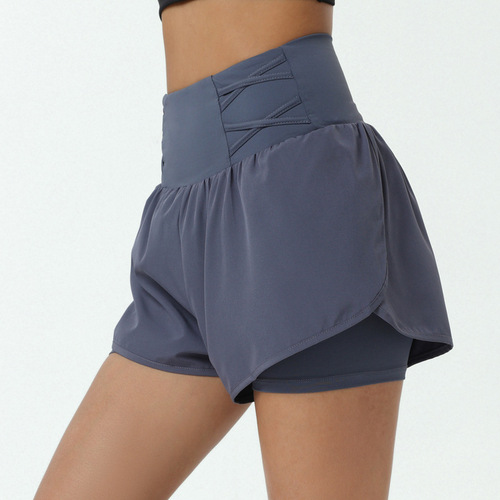 Cross-border summer fake two-piece sports shorts for women to prevent exposure running training fitness marathon European and American high-waisted shorts