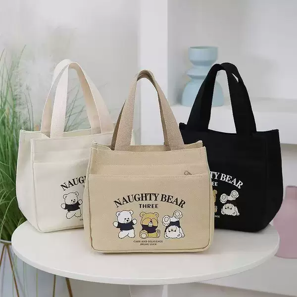 Cross-border new women's bag cartoon bear printing handbag large capacity lunch box bag office worker handbag wholesale