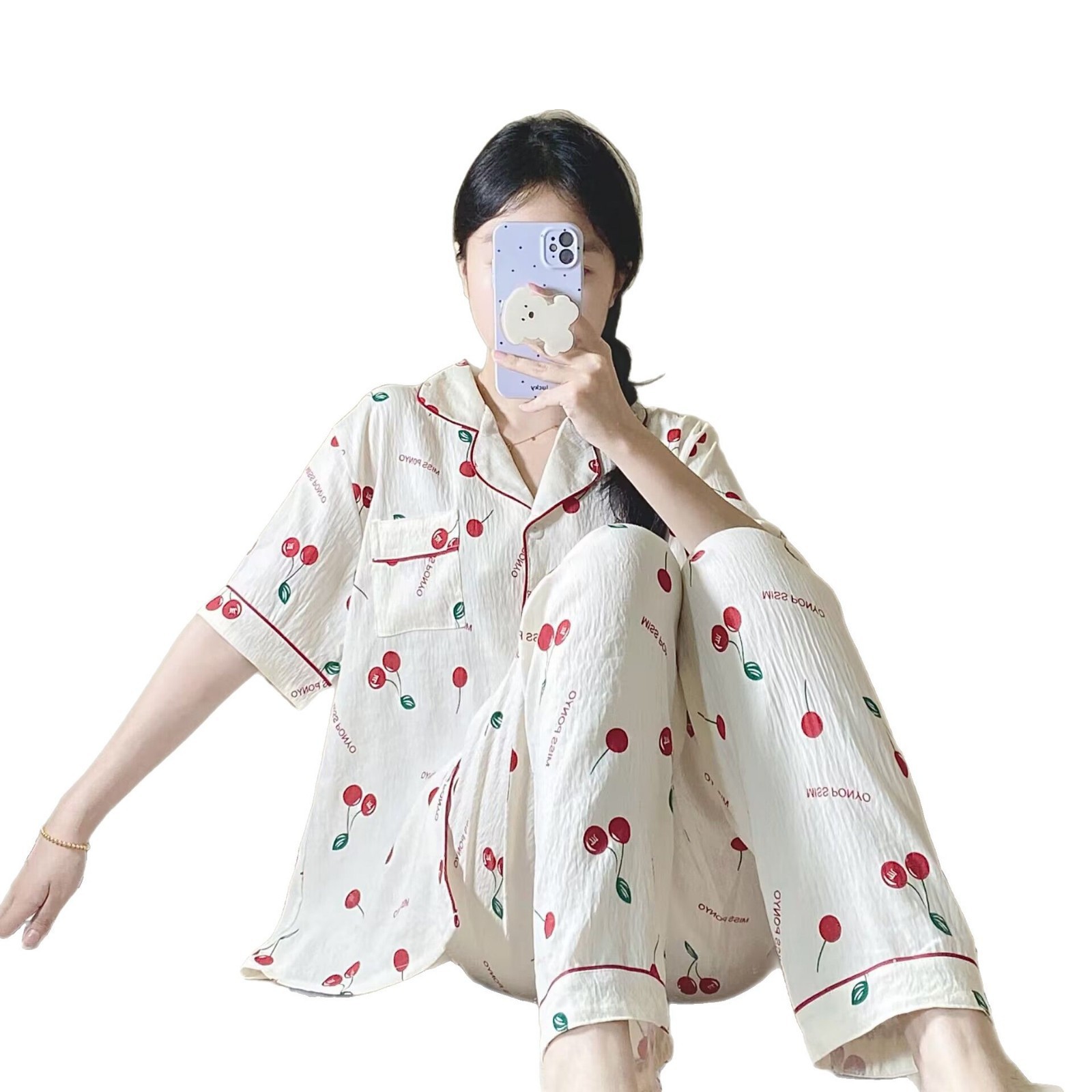 Verano nuevo pijama de amor mujer adorable oso simple ocio delgado nubes algodón ropa doméstica dos piezas conjunto al por mayor
