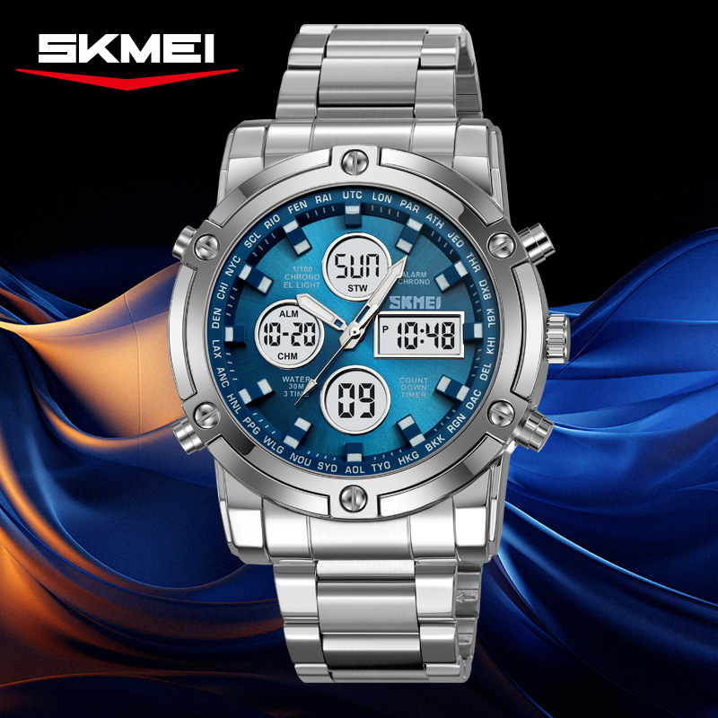 Timemei Cross-Border Best-Selling Men's Watch with Steel Band, Luminous, Waterproof, Multi-Functional Dual Movement Wristwatch, Wholesale Supplier