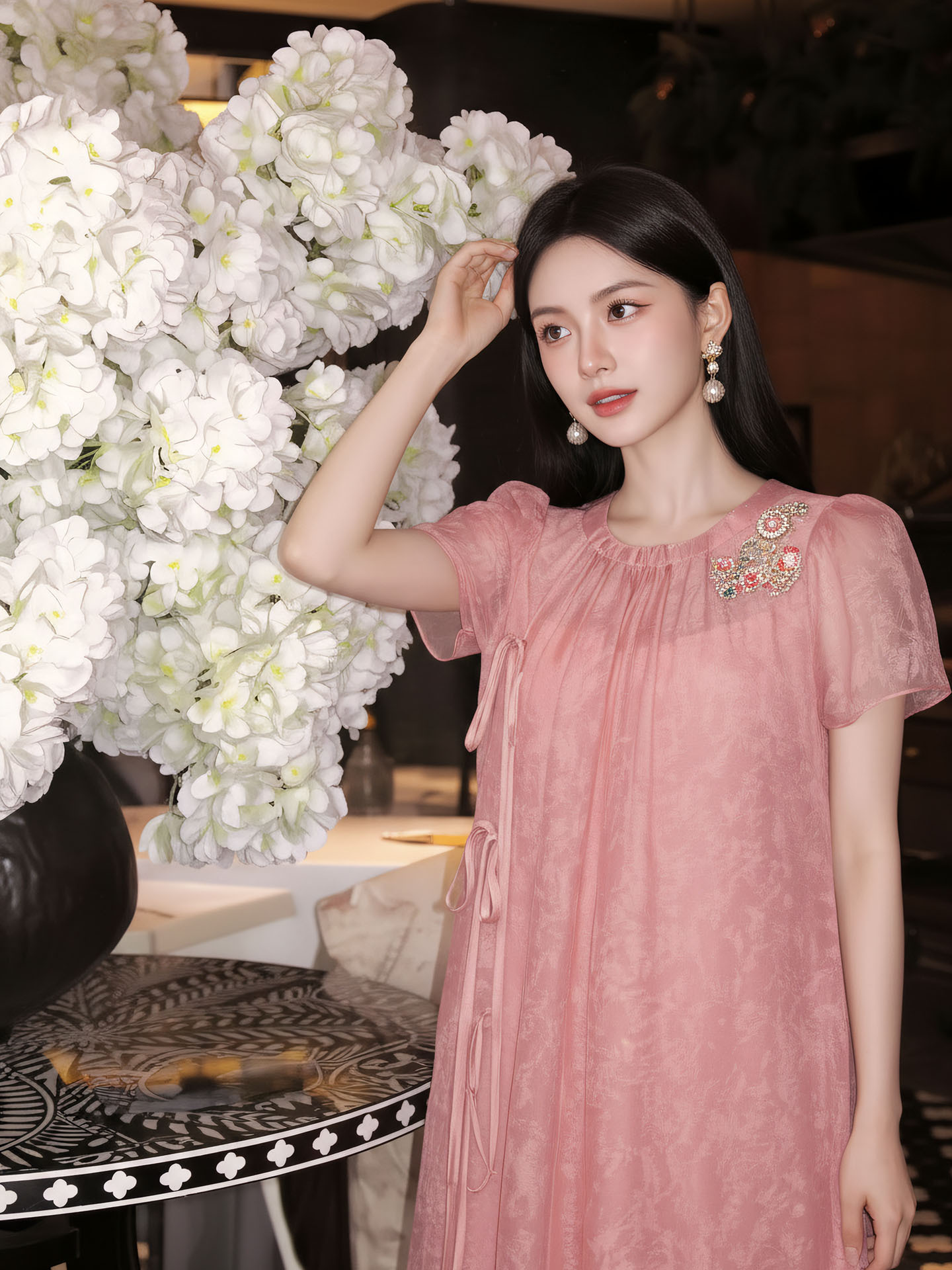 Đầm maxi nữ thắt eo phong cách Tân Trung Hoa tay ngắn — Hồng【Phiên bản tay ngắn】