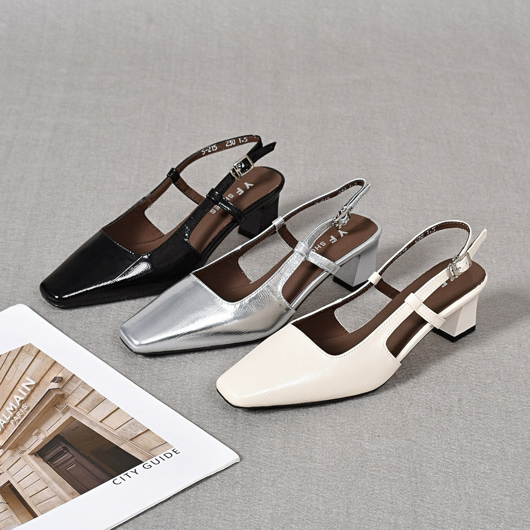 Sandal nữ quai ngang gót vuông da thật mũi vuông hở gót — màu be chi tiết 9