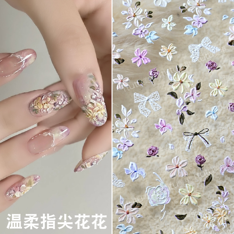 Itutu New Spring Fingertips Blooming Flowers Oil Painting Style Tuileries Garden Relief Nail Art Stickers 308