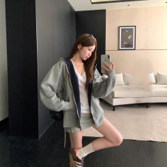 工厂自制 美式撞色连帽卫衣外套女2025新款早秋穿搭慵懒上衣开衫