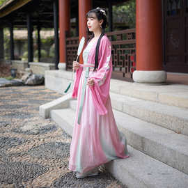 中国风新款桃红对襟抹胸齐腰汉服渐变襦裙绣花上衣日常演出三件套