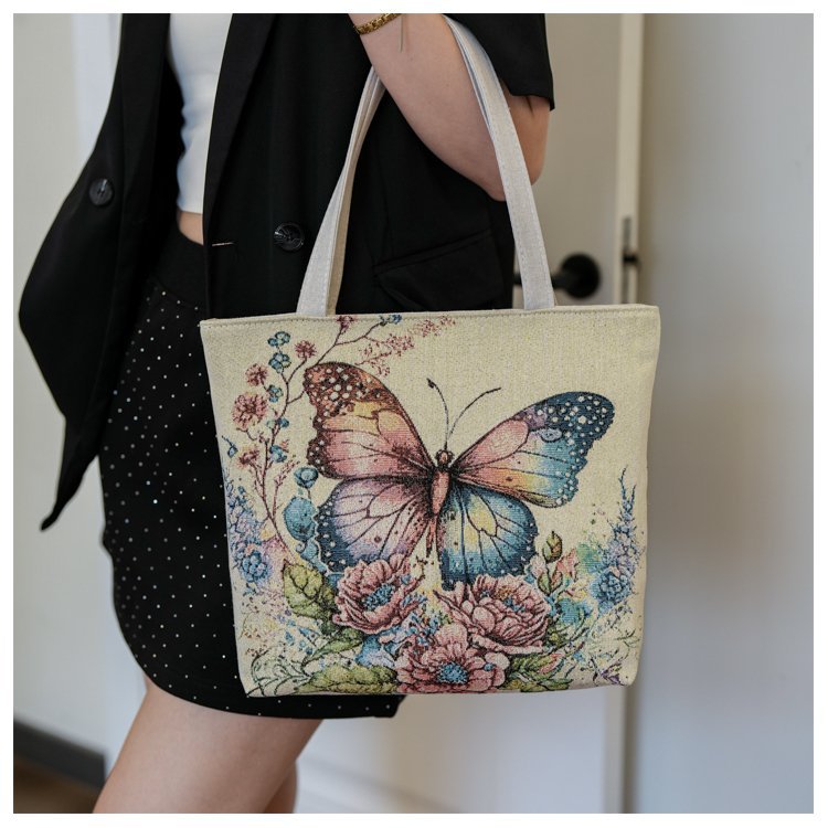 Double sided gold wire jacquard embroidered canvas student tutoring shoulder large capacity mommy bag, artistic style_voghion.com