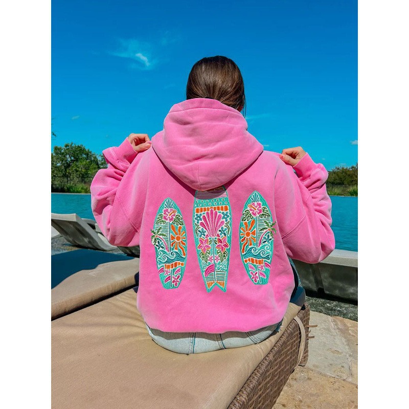 2025Hawaii Hibiscus Sweatshirt Ins Women's Drop Shoulder Ribbed Hooded Sweatshirt with Thick Print 2025Hawaii Hibiscus Sweatshirt Ins Women's Drop Shoulder Ribbed Hooded Sweatshirt with Thick Print