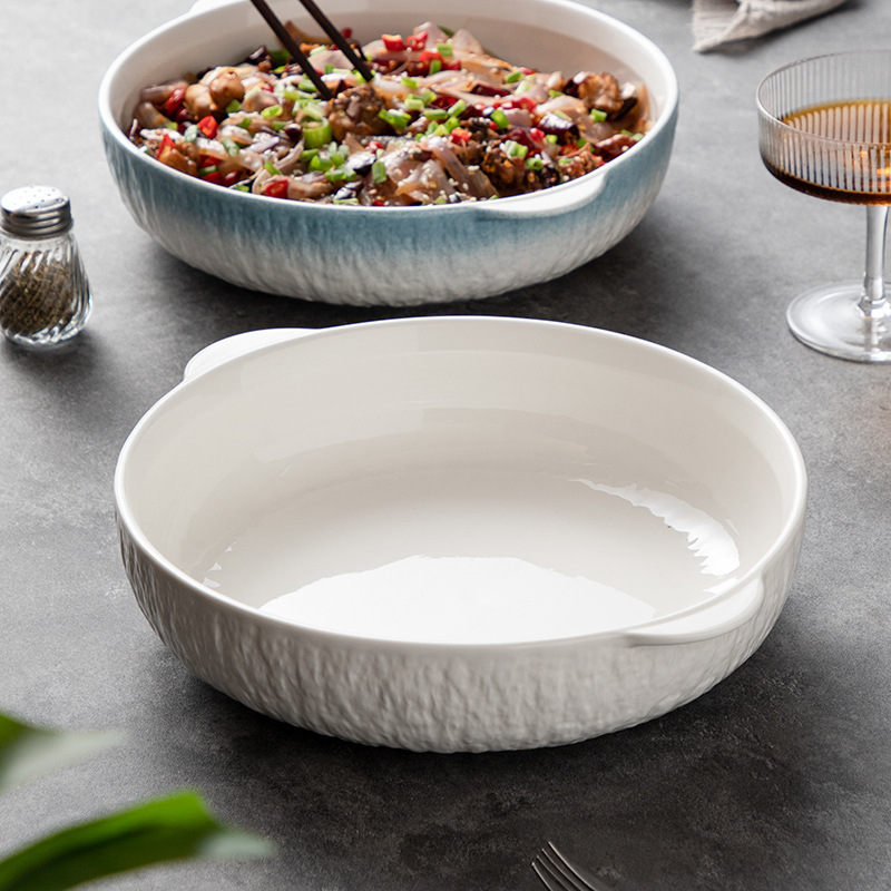 Rock Pickle Fish Large Household Ceramic Double-Ear Soup Bowl for Boiled Fish and Meat Slices, Large Bowl for Soup, White Porcelain