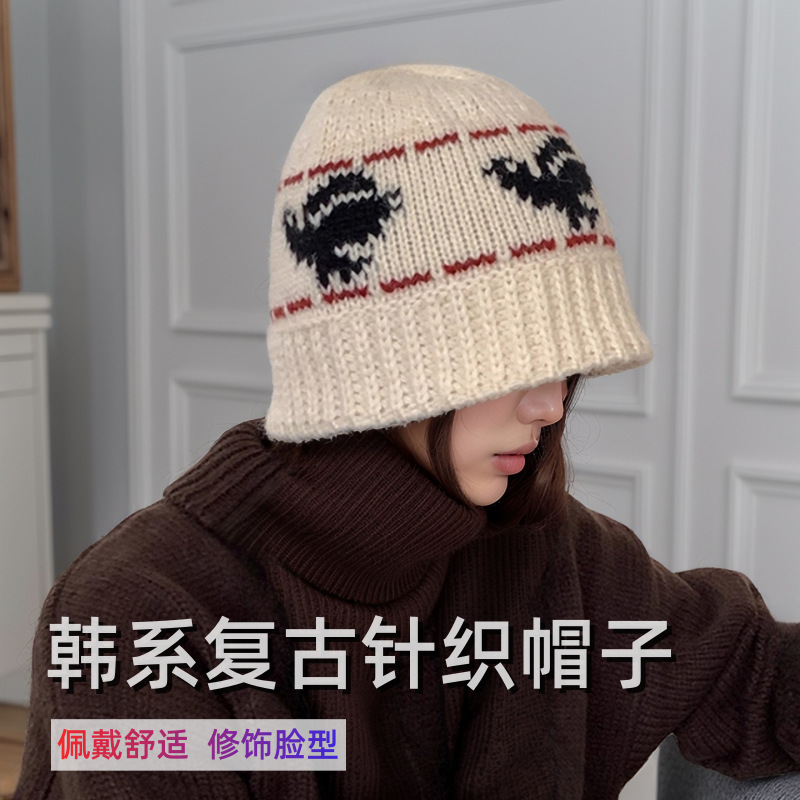 秋冬复古针织帽子女韩系百搭显脸小盆帽保暖毛线水桶帽防寒护耳帽|undefined