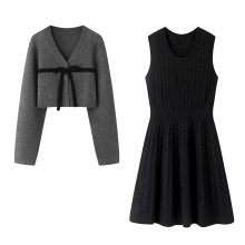 00AA-0065针织衫连衣裙两件套2025秋冬新款气质短款开衫背心裙装