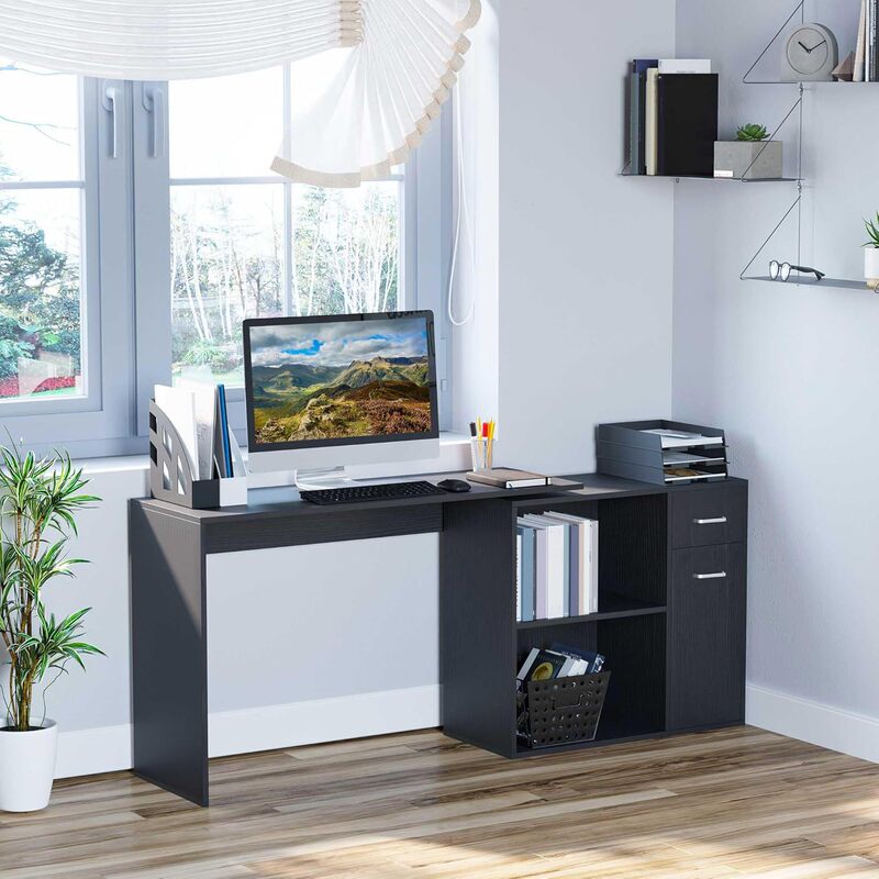 Black Home Corner Office Computer Desk Study Student Learning Writing Desk with Drawer Easy to Collect Desk
