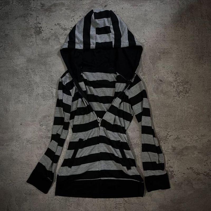 Cross-Border New Retro Slim Fit Casual Classic Black and White Striped Contrast Hooded Zipper Sweatshirt Jacket Top