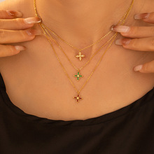 欧美小众四瓣花镶锆石吊坠钛钢镀18k真金套装女锁骨项链开口戒指