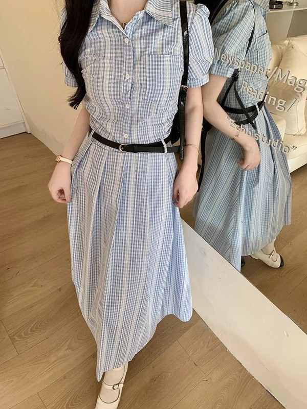 法式蓝色小清新条纹翻领连衣裙女夏季新款高级感气质收腰衬衫长裙|undefined